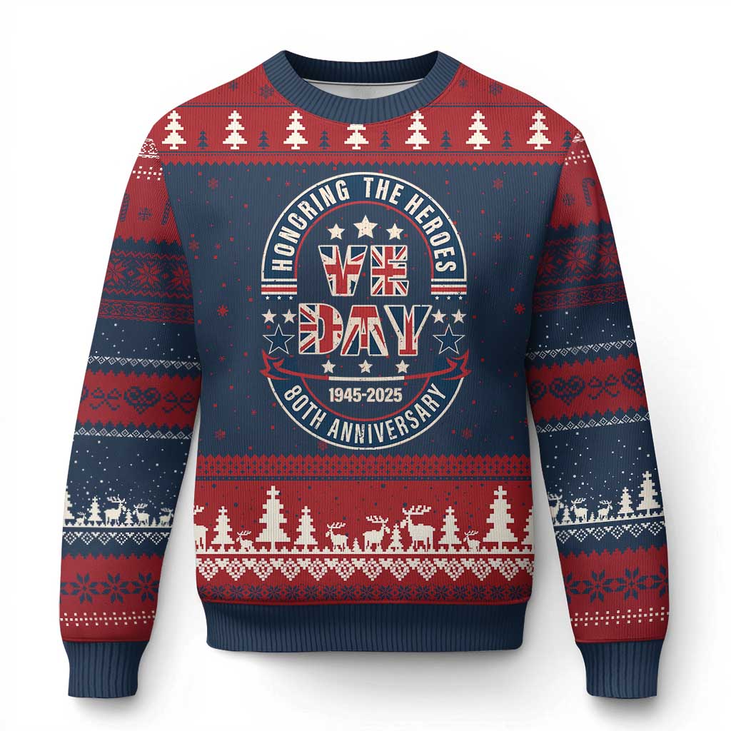 VE Day 80th Anniversary Ugly Christmas Sweater 2025 Patriotic WWII Remembrance Vintage TS02 Navy Red Print Your Wear