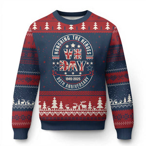 VE Day 80th Anniversary Ugly Christmas Sweater 2025 Patriotic WWII Remembrance Vintage TS02 Navy Red Print Your Wear