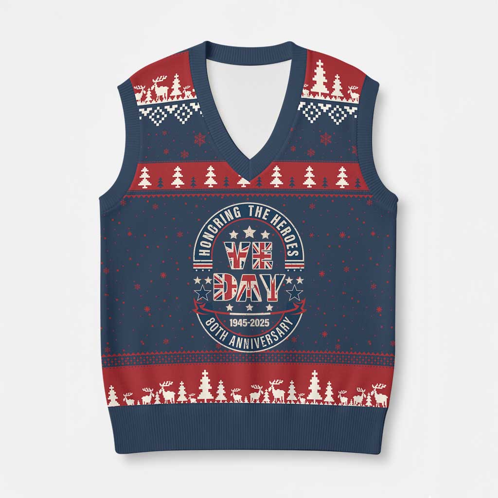 VE Day 80th Anniversary V-Neck Knit Sweater Vest 2025 Patriotic WWII Remembrance Vintage TS02 Navy Red Print Your Wear