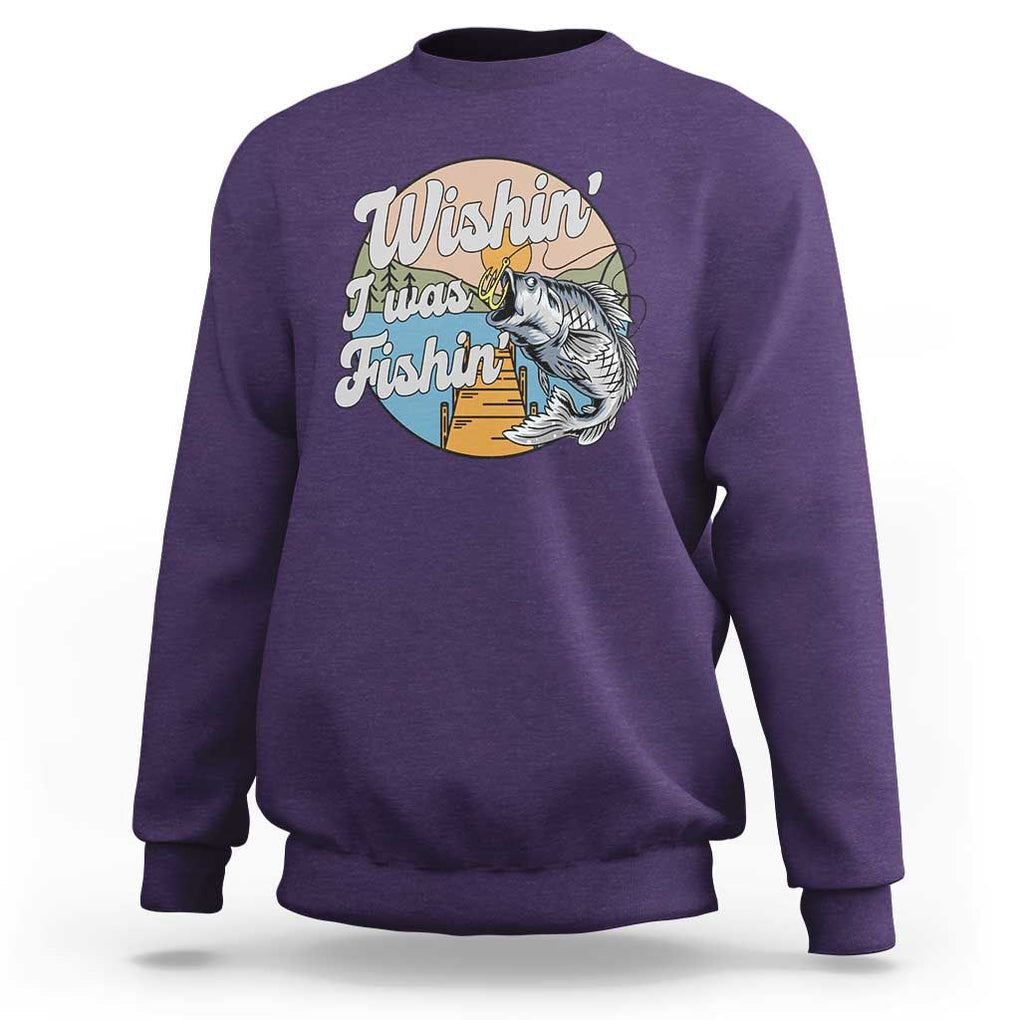 Funny Fishing Sweatshirt Wishing I Was Fishing Funny Fisherman Fishing Gag Gift for Men Women Vintage TS02 Purple Print Your Wear