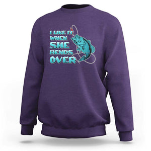 Funny Fishing Sweatshirt I Like It When She Bends Over But I Love It When She Tugs On My Worm And Swallows Funny Fisherman Fishing Gag Gift for Men Angler TS02 Purple Print Your Wear