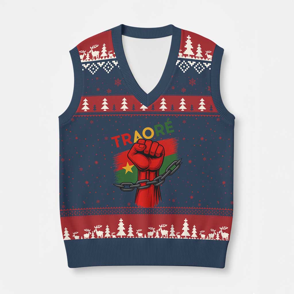 Traoré 2025 Burkina Faso Flag V-Neck Knit Sweater Vest Raised Fist Broken Chains TS02 Navy Red Print Your Wear