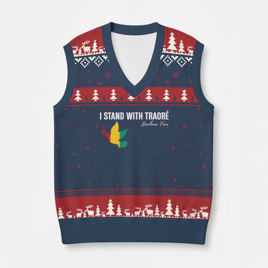 I Stand With Traoré V-Neck Knit Sweater Vest Burkina Faso Peace Dove TS02 Navy Red Print Your Wear