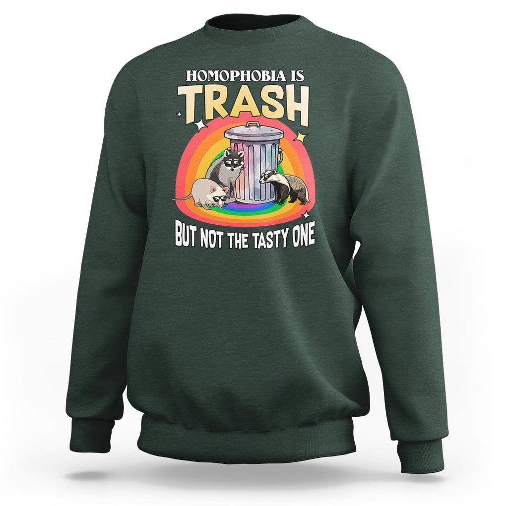 Funny Gay Pride Sweatshirt Homophobia Is Trash Raccoon Opossum Ally TS02 Dark Forest Green Print Your Wear