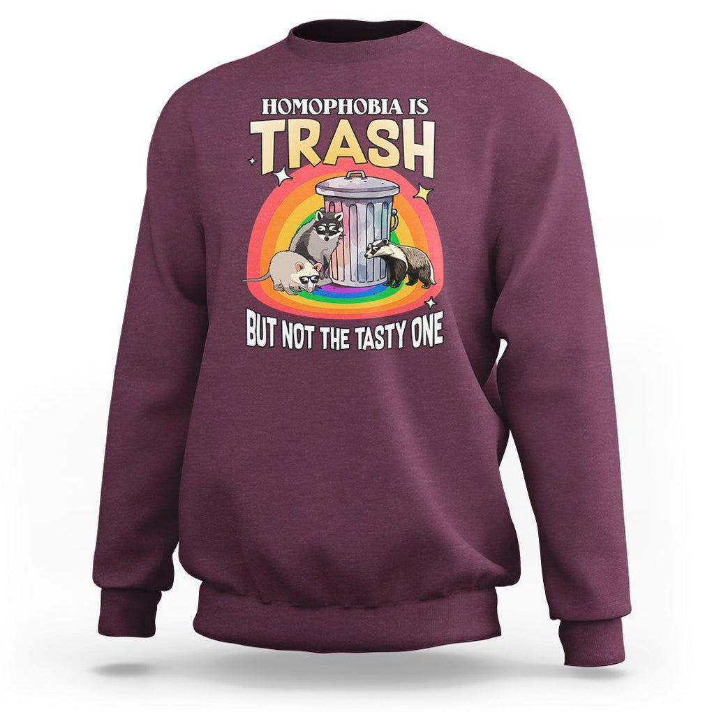 Funny Gay Pride Sweatshirt Homophobia Is Trash Raccoon Opossum Ally TS02 Maroon Print Your Wear