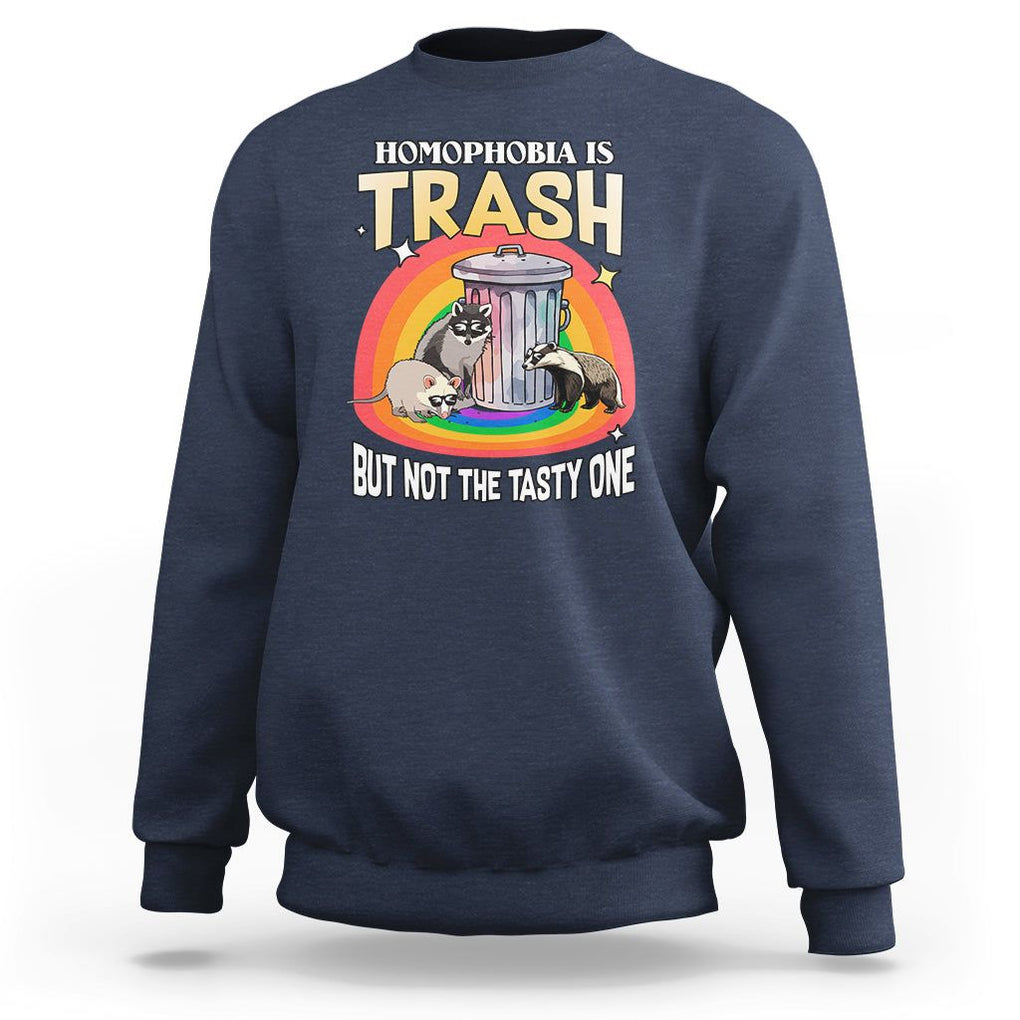Funny Gay Pride Sweatshirt Homophobia Is Trash Raccoon Opossum Ally TS02 Navy Print Your Wear