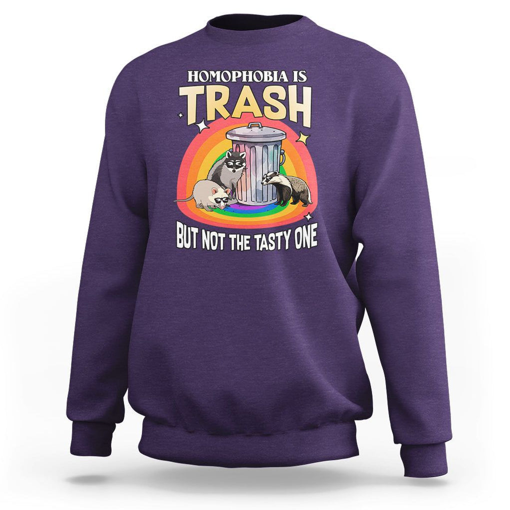 Funny Gay Pride Sweatshirt Homophobia Is Trash Raccoon Opossum Ally TS02 Purple Print Your Wear