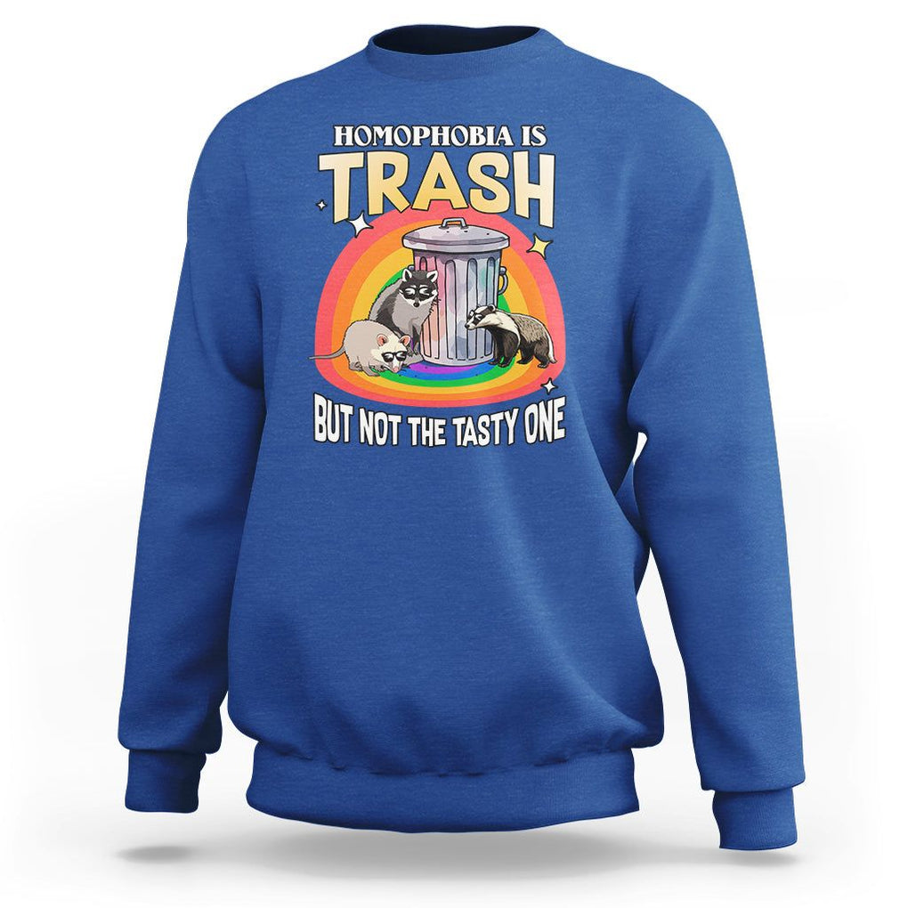 Funny Gay Pride Sweatshirt Homophobia Is Trash Raccoon Opossum Ally TS02 Royal Blue Print Your Wear