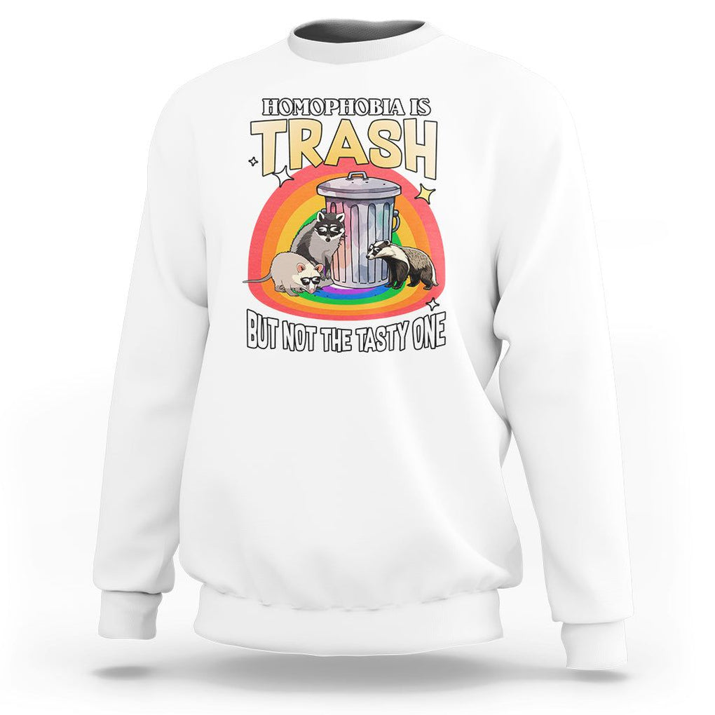 Funny Gay Pride Sweatshirt Homophobia Is Trash Raccoon Opossum Ally TS02 White Print Your Wear