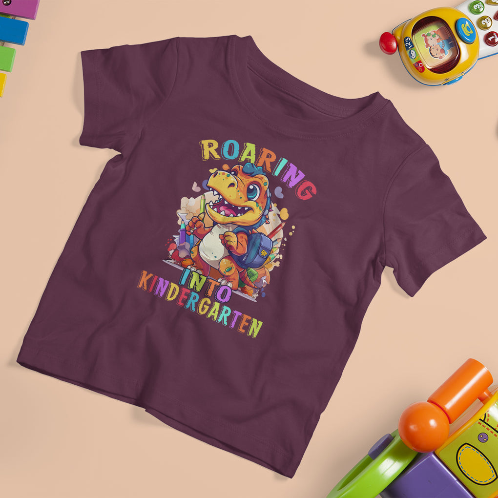 Cute Kindergarten Dinosaur T Shirt For Kid Roaring Into Kinder TS02 Maroon Printyourwear