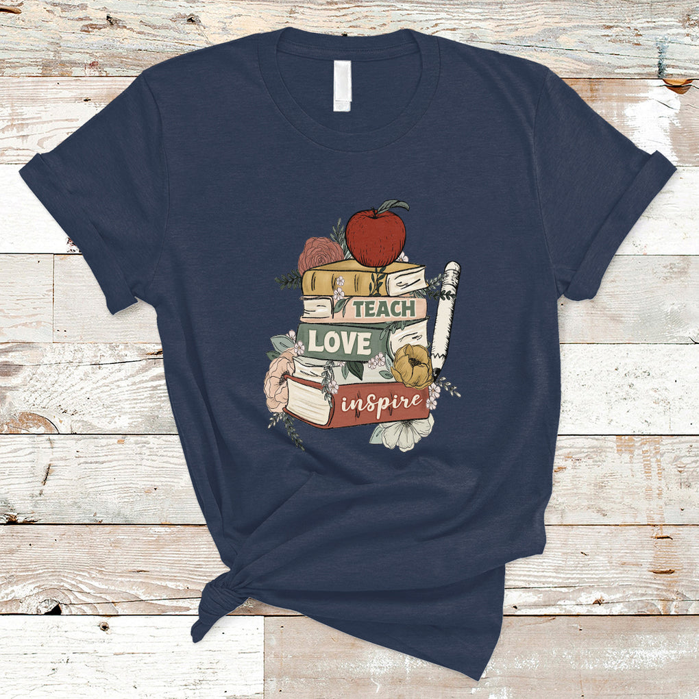 Teach Love Inspire Floral Books Back To School Teacher Life T Shirt TS02 Navy Printyourwear