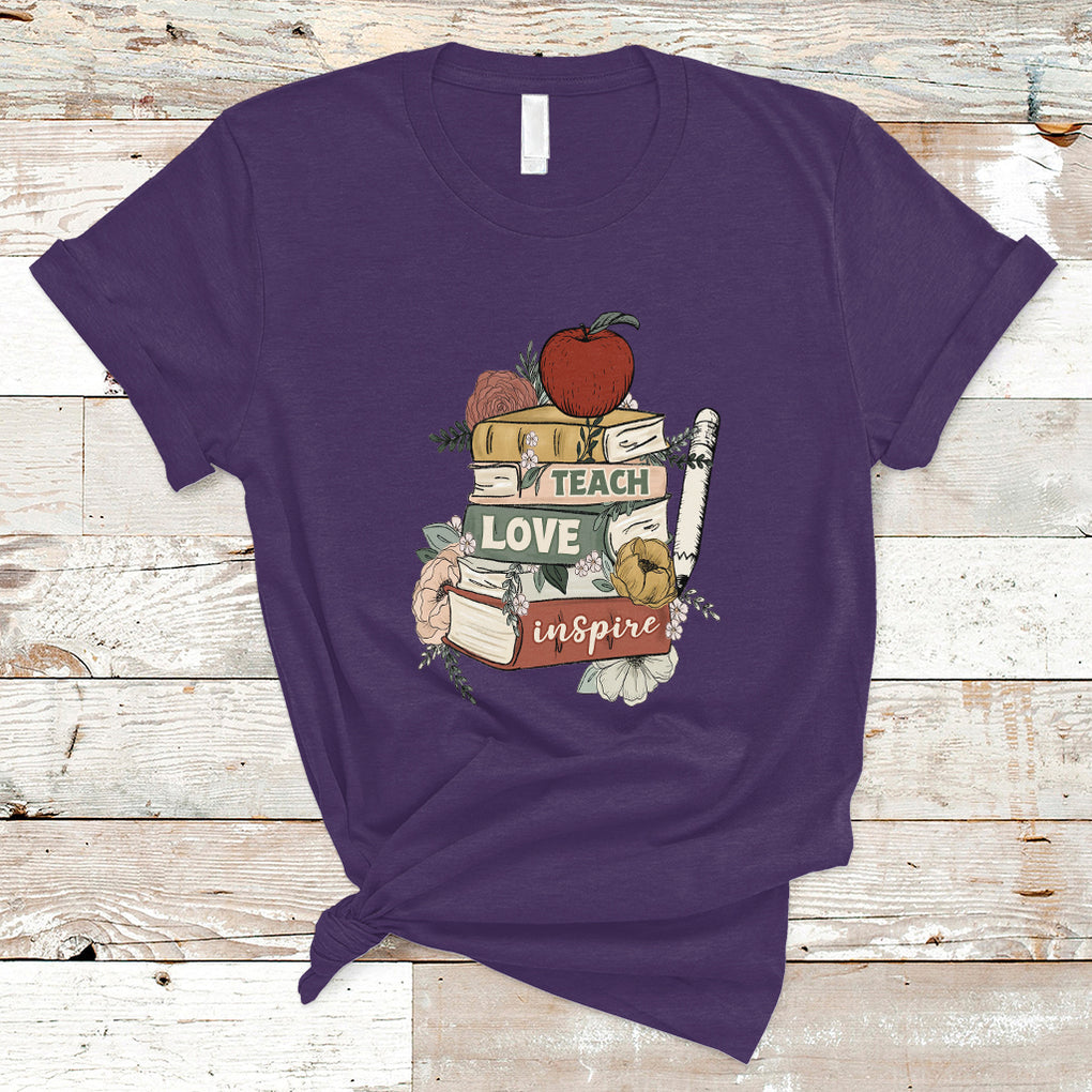 Teach Love Inspire Floral Books Back To School Teacher Life T Shirt TS02 Purple Printyourwear