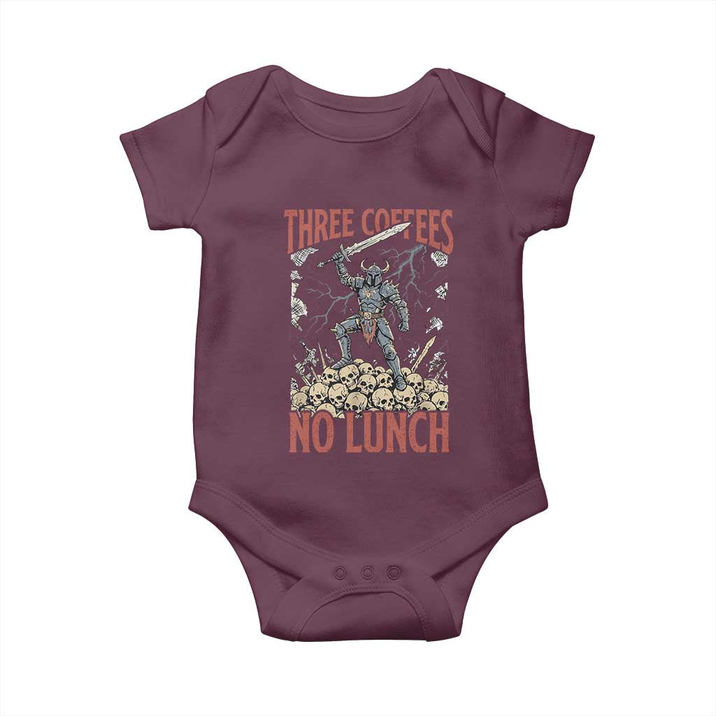 Funny Coffee Lover Fantasy Knight Graphic Baby Onesie Three Coffees No Lunch Work Humor Dark Fantasy Parody