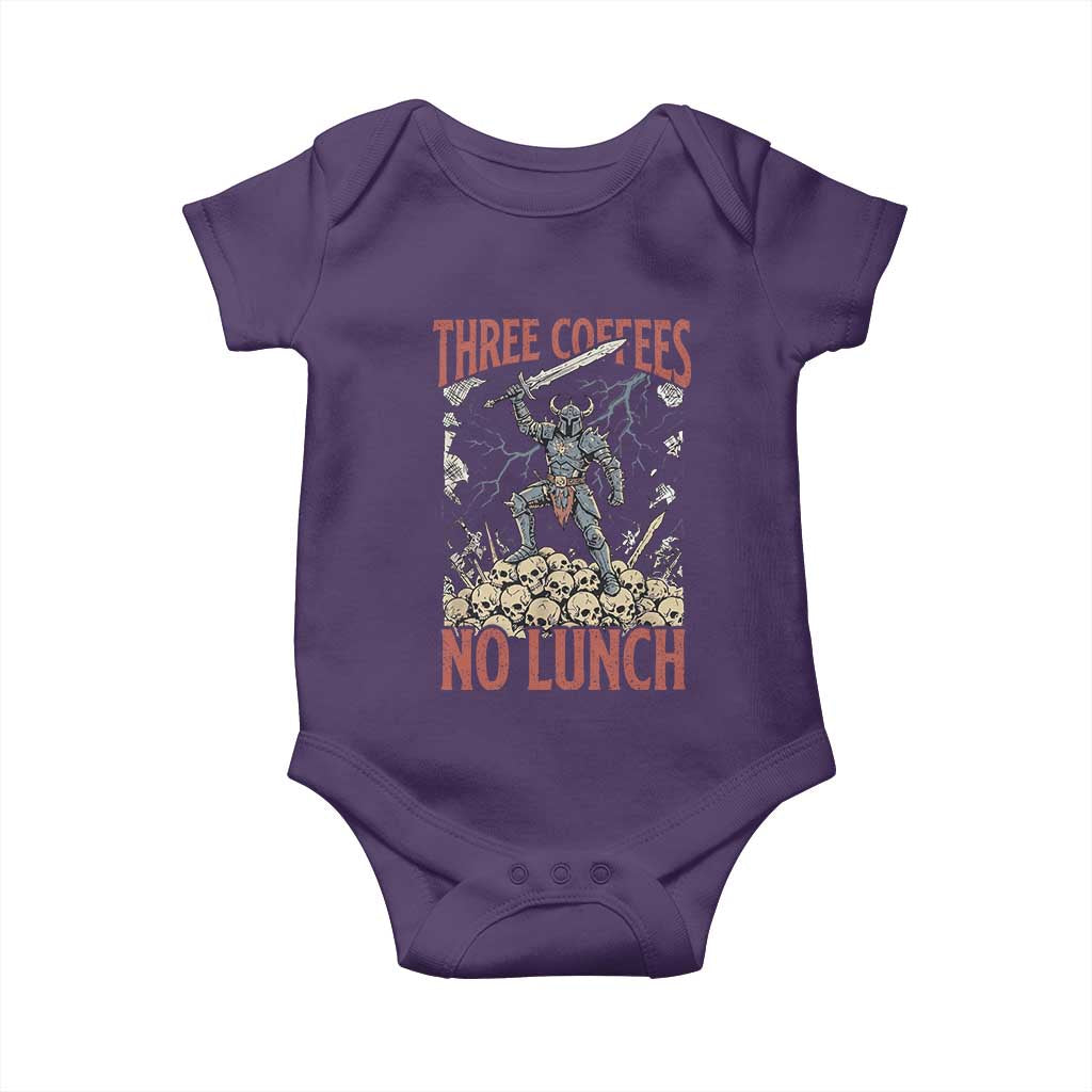 Funny Coffee Lover Fantasy Knight Graphic Baby Onesie Three Coffees No Lunch Work Humor Dark Fantasy Parody