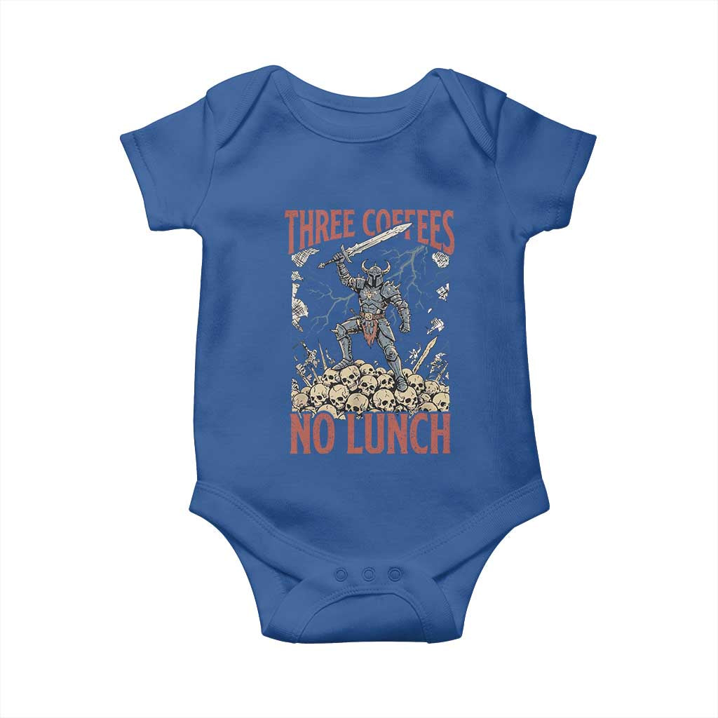 Funny Coffee Lover Fantasy Knight Graphic Baby Onesie Three Coffees No Lunch Work Humor Dark Fantasy Parody