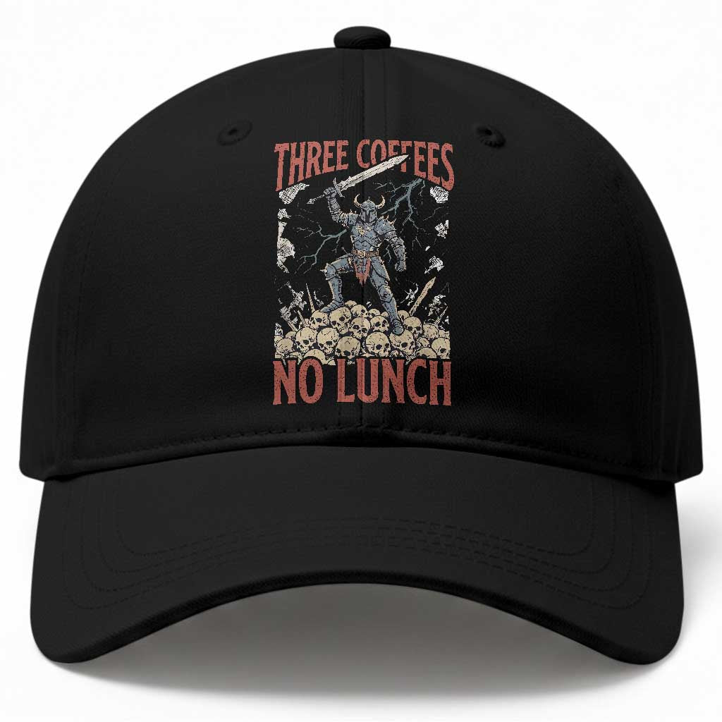 Funny Coffee Lover Fantasy Knight Graphic Baseball Cap Three Coffees No Lunch Work Humor Dark Fantasy Parody