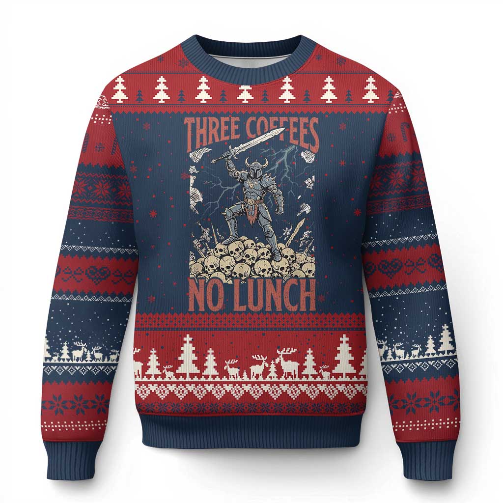 Funny Coffee Lover Fantasy Knight Graphic Ugly Christmas Sweater Three Coffees No Lunch Work Humor Dark Fantasy Parody TS02 Navy Red Print Your Wear