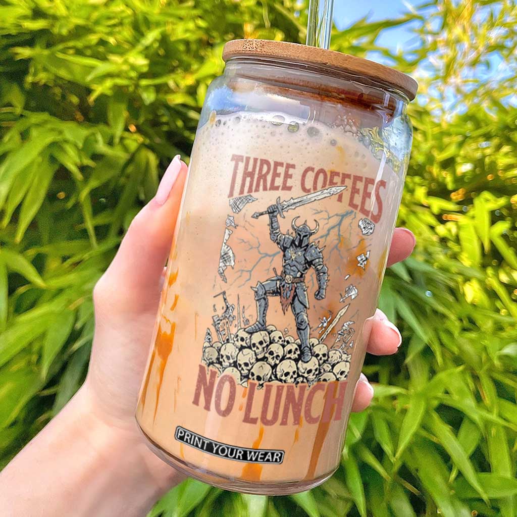 Funny Coffee Lover Fantasy Knight Graphic Glass Can Three Coffees No Lunch Work Humor Dark Fantasy Parody