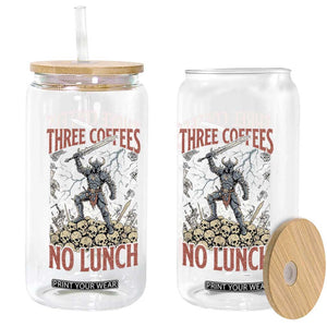 Funny Coffee Lover Fantasy Knight Graphic Glass Can Three Coffees No Lunch Work Humor Dark Fantasy Parody