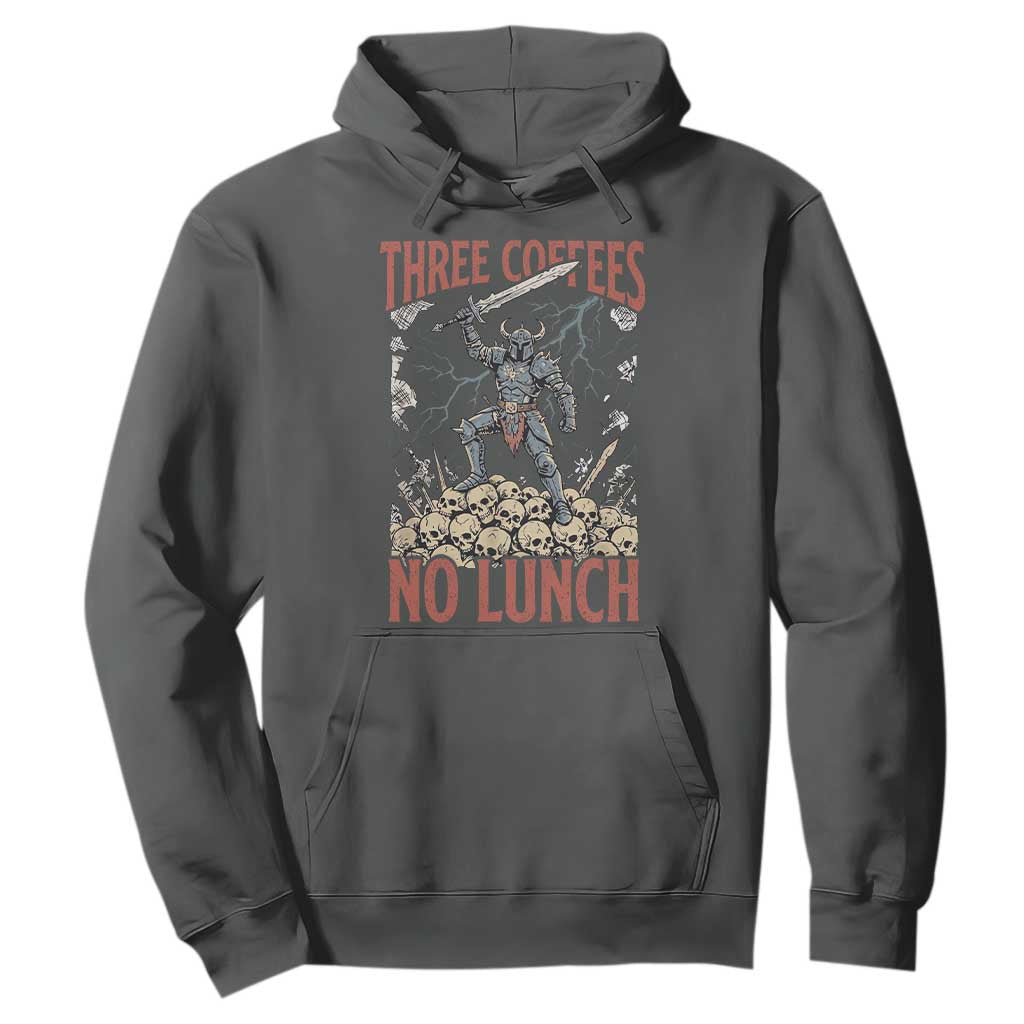 Funny Coffee Lover Fantasy Knight Graphic Hoodie Three Coffees No Lunch Work Humor Dark Fantasy Parody
