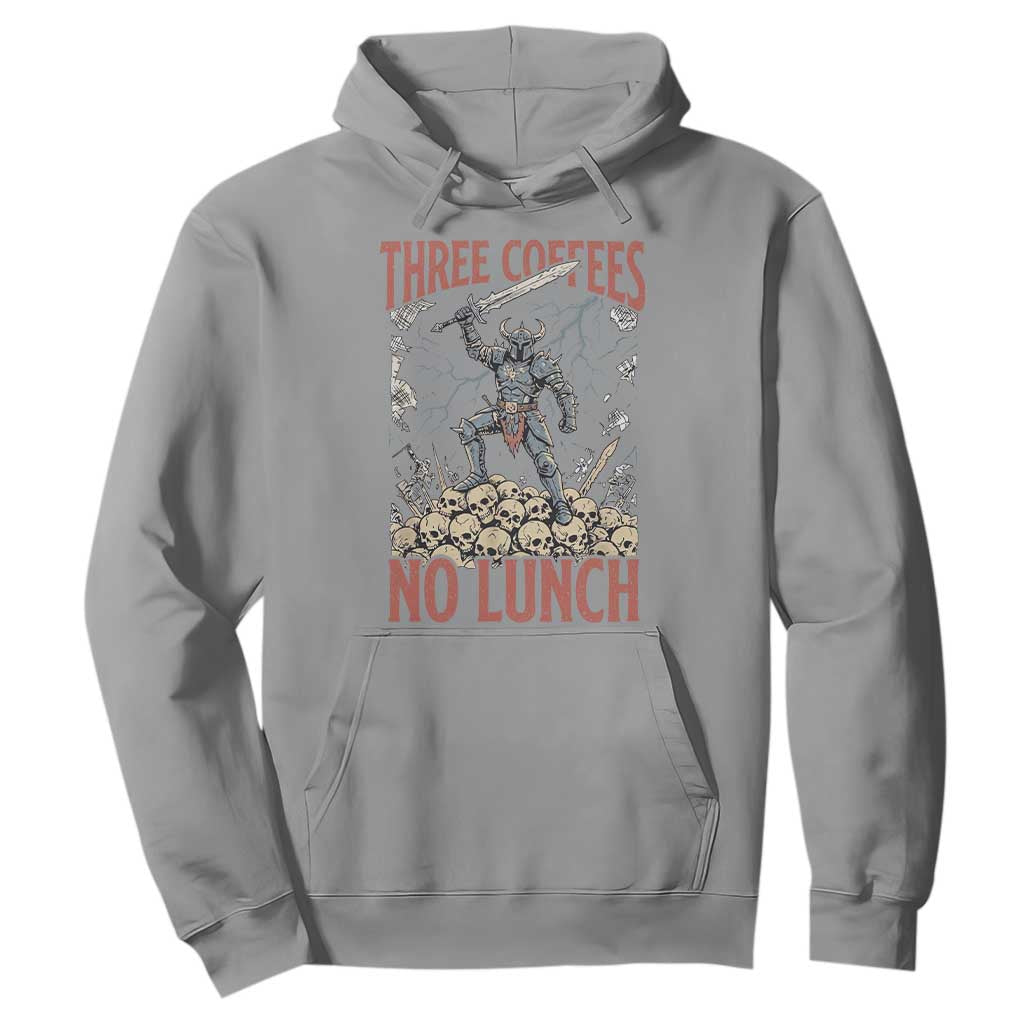 Funny Coffee Lover Fantasy Knight Graphic Hoodie Three Coffees No Lunch Work Humor Dark Fantasy Parody