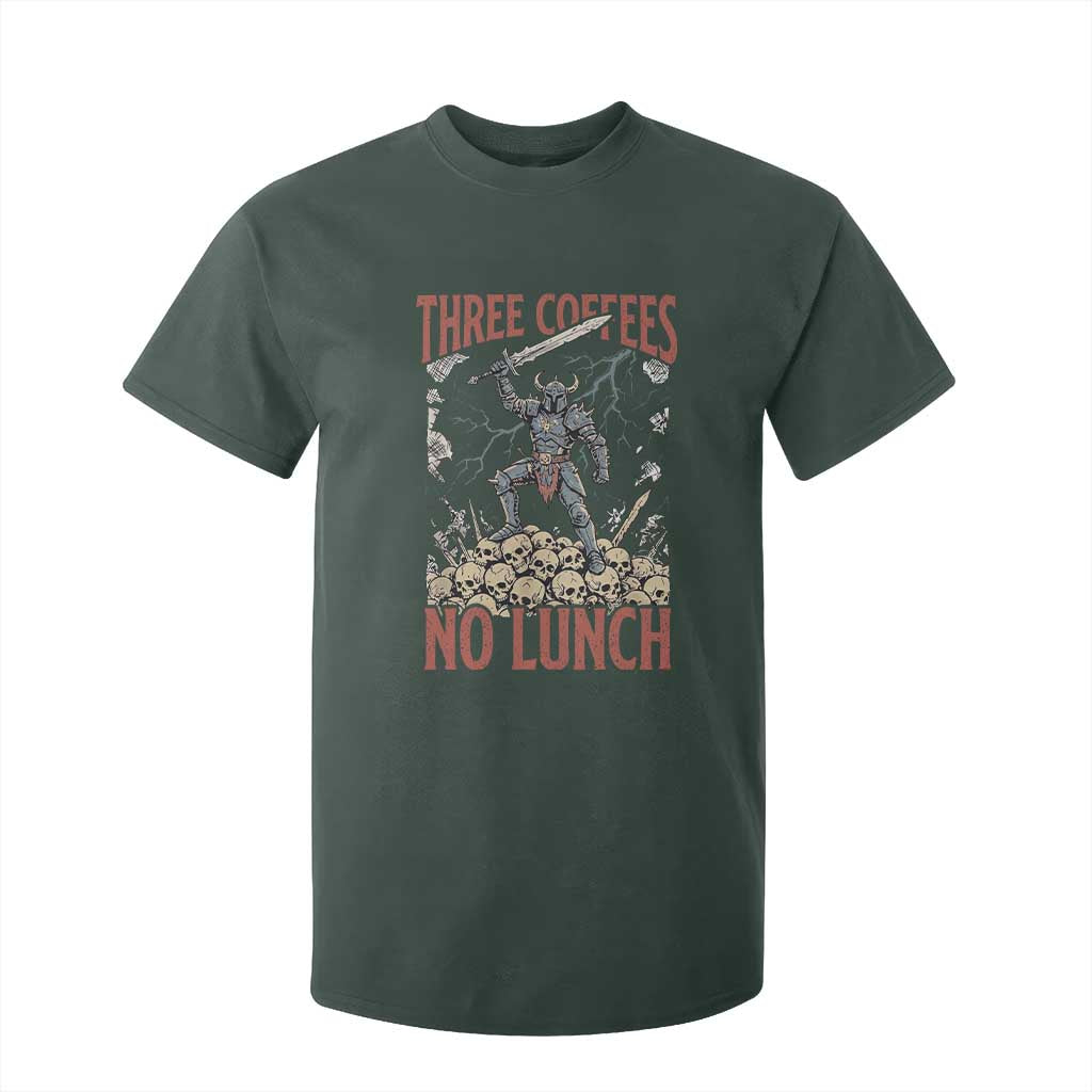 Funny Coffee Lover Fantasy Knight Graphic T Shirt For Kid Three Coffees No Lunch Work Humor Dark Fantasy Parody