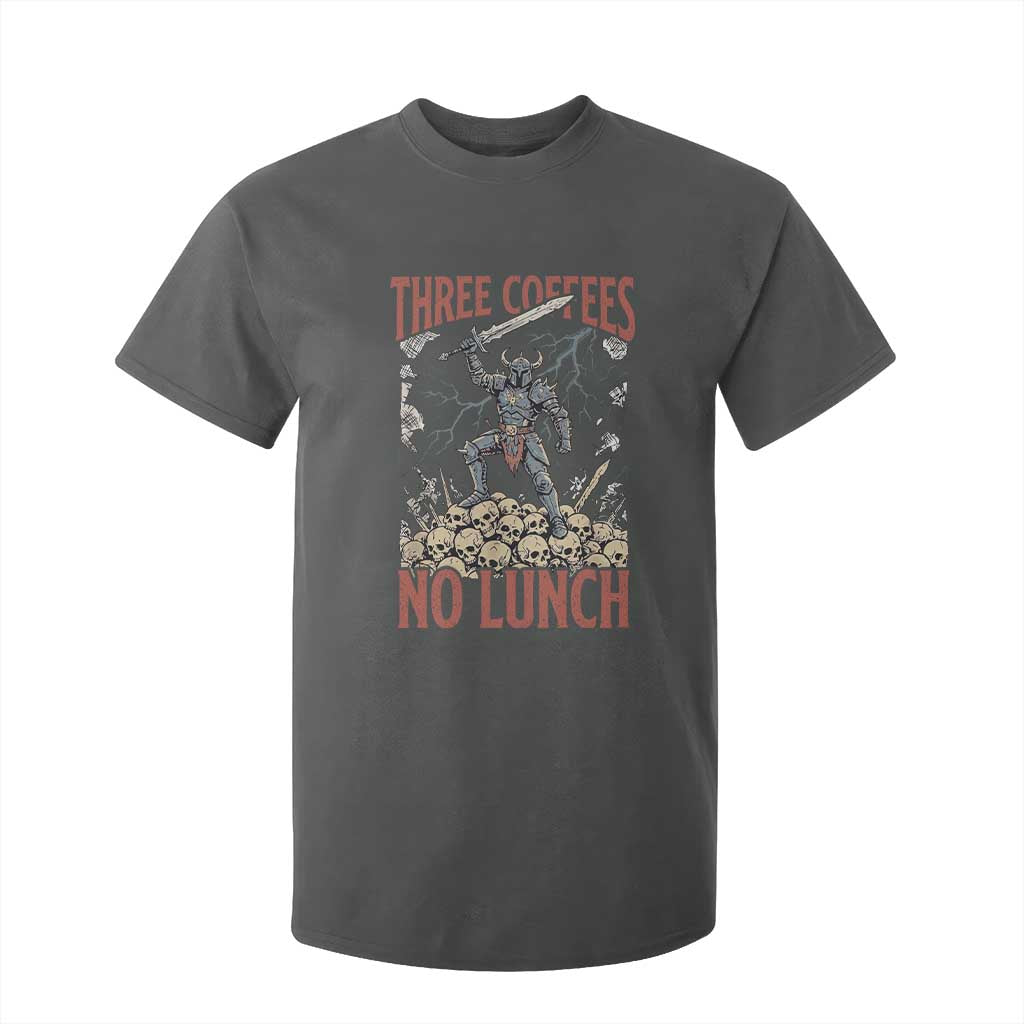 Funny Coffee Lover Fantasy Knight Graphic T Shirt For Kid Three Coffees No Lunch Work Humor Dark Fantasy Parody