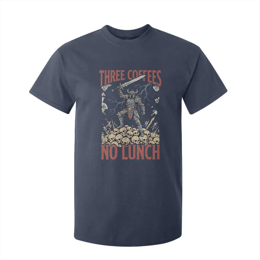 Funny Coffee Lover Fantasy Knight Graphic T Shirt For Kid Three Coffees No Lunch Work Humor Dark Fantasy Parody