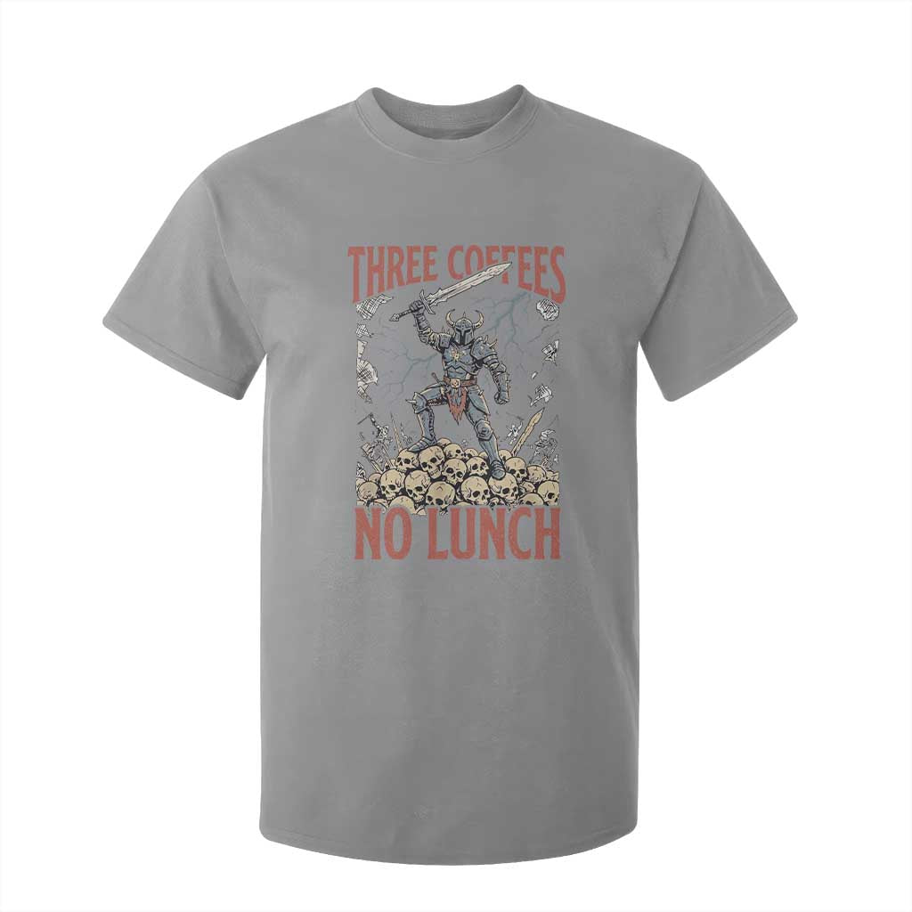 Funny Coffee Lover Fantasy Knight Graphic T Shirt For Kid Three Coffees No Lunch Work Humor Dark Fantasy Parody