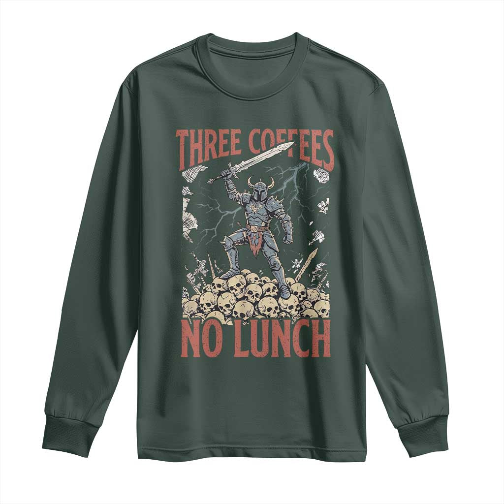 Funny Coffee Lover Fantasy Knight Graphic Long Sleeve Shirt Three Coffees No Lunch Work Humor Dark Fantasy Parody