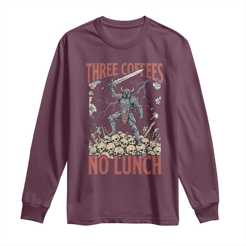 Funny Coffee Lover Fantasy Knight Graphic Long Sleeve Shirt Three Coffees No Lunch Work Humor Dark Fantasy Parody