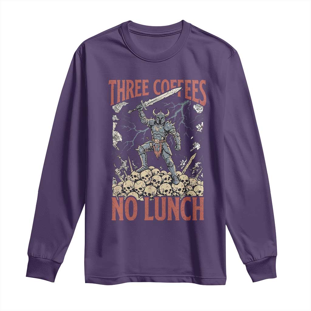 Funny Coffee Lover Fantasy Knight Graphic Long Sleeve Shirt Three Coffees No Lunch Work Humor Dark Fantasy Parody
