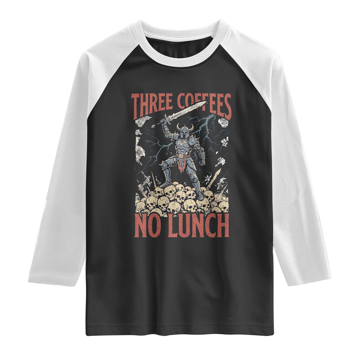 Funny Coffee Lover Fantasy Knight Graphic Raglan Shirt Three Coffees No Lunch Work Humor Dark Fantasy Parody