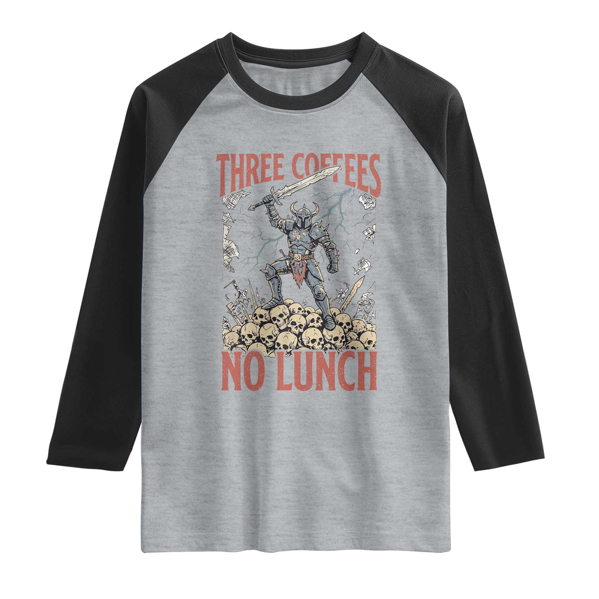 Funny Coffee Lover Fantasy Knight Graphic Raglan Shirt Three Coffees No Lunch Work Humor Dark Fantasy Parody