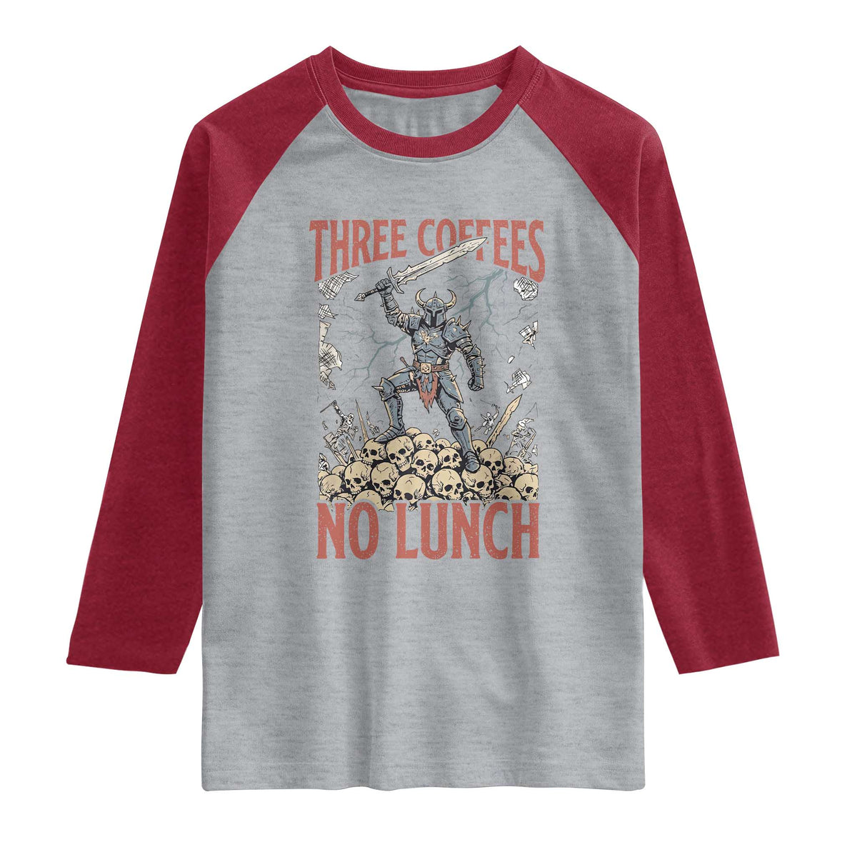 Funny Coffee Lover Fantasy Knight Graphic Raglan Shirt Three Coffees No Lunch Work Humor Dark Fantasy Parody