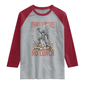 Funny Coffee Lover Fantasy Knight Graphic Raglan Shirt Three Coffees No Lunch Work Humor Dark Fantasy Parody