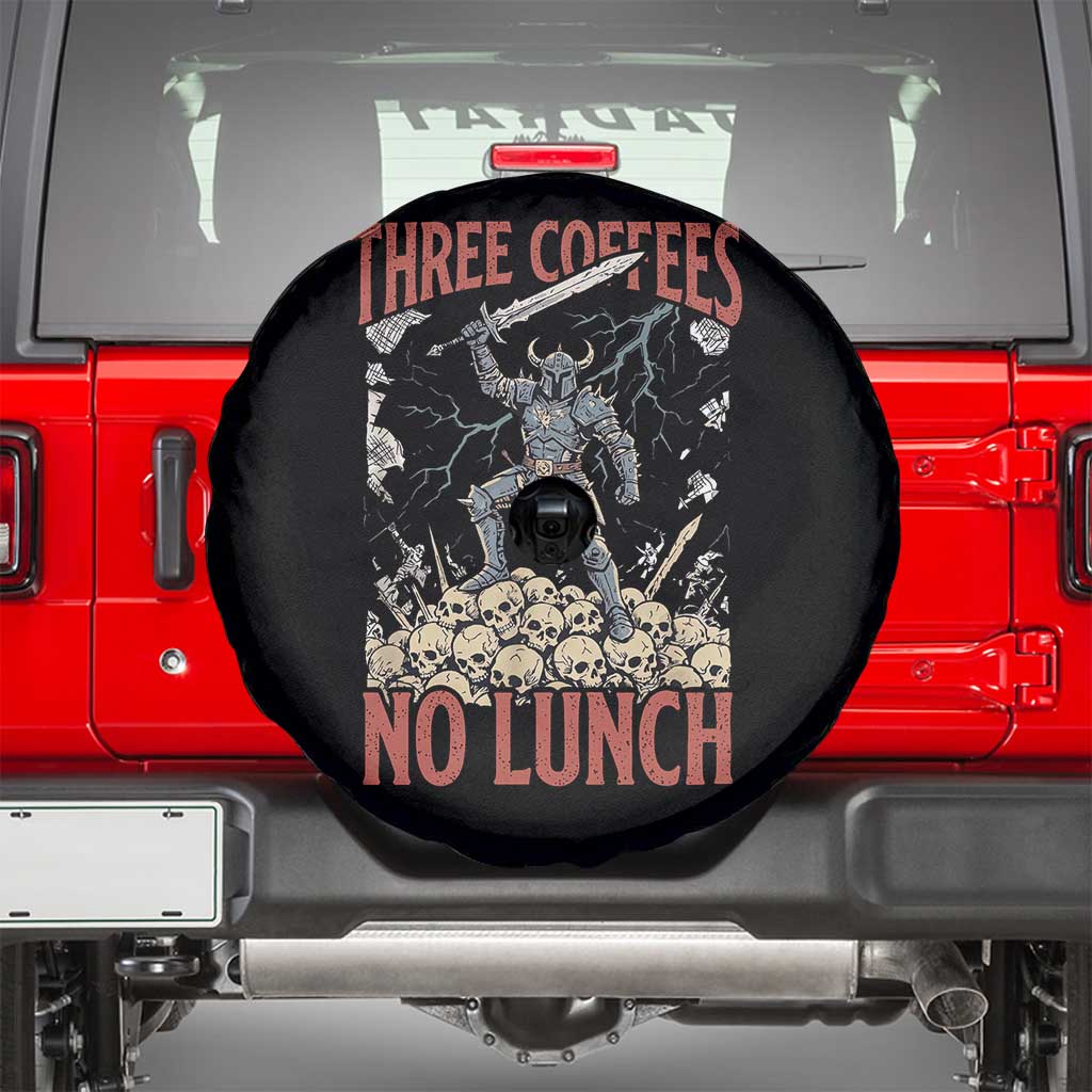 Funny Coffee Lover Fantasy Knight Graphic Spare Tire Cover Three Coffees No Lunch Work Humor Dark Fantasy Parody