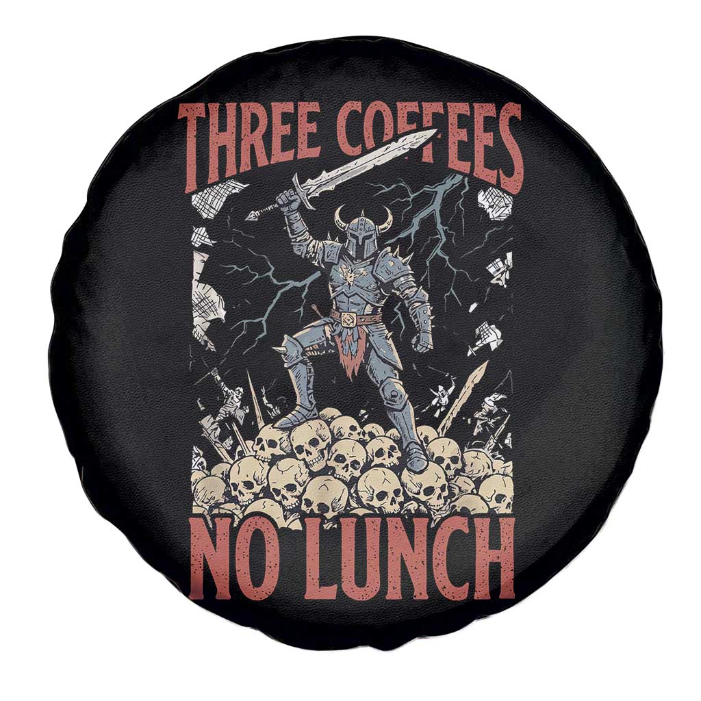 Funny Coffee Lover Fantasy Knight Graphic Spare Tire Cover Three Coffees No Lunch Work Humor Dark Fantasy Parody