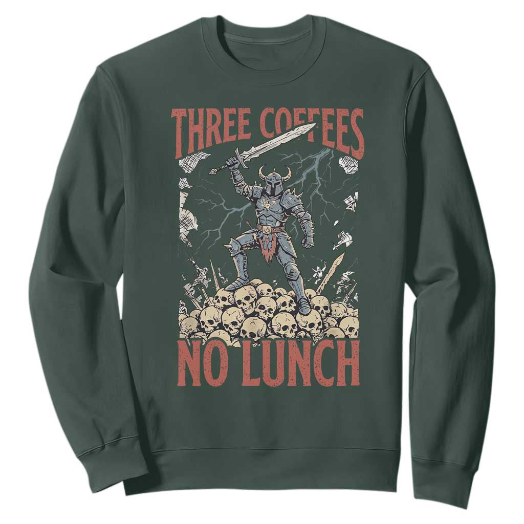 Funny Coffee Lover Fantasy Knight Graphic Sweatshirt Three Coffees No Lunch Work Humor Dark Fantasy Parody