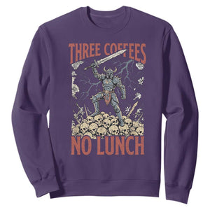 Funny Coffee Lover Fantasy Knight Graphic Sweatshirt Three Coffees No Lunch Work Humor Dark Fantasy Parody