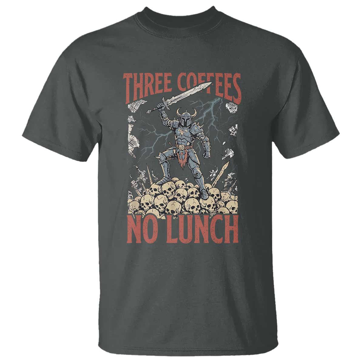 Funny Coffee Lover Fantasy Knight Graphic T Shirt Three Coffees No Lunch Work Humor Dark Fantasy Parody