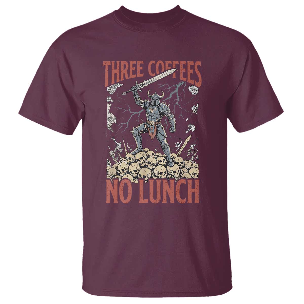 Funny Coffee Lover Fantasy Knight Graphic T Shirt Three Coffees No Lunch Work Humor Dark Fantasy Parody