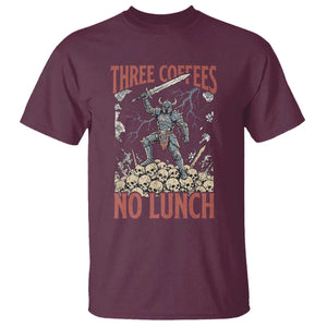 Funny Coffee Lover Fantasy Knight Graphic T Shirt Three Coffees No Lunch Work Humor Dark Fantasy Parody
