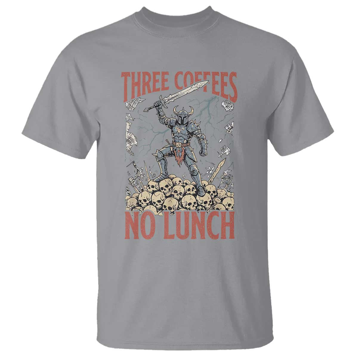 Funny Coffee Lover Fantasy Knight Graphic T Shirt Three Coffees No Lunch Work Humor Dark Fantasy Parody
