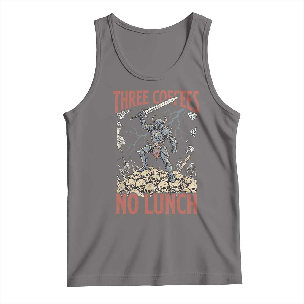Funny Coffee Lover Fantasy Knight Graphic Tank Top Three Coffees No Lunch Work Humor Dark Fantasy Parody