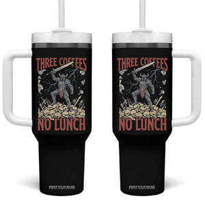 Funny Coffee Lover Fantasy Knight Graphic Tumbler With Handle Three Coffees No Lunch Work Humor Dark Fantasy Parody