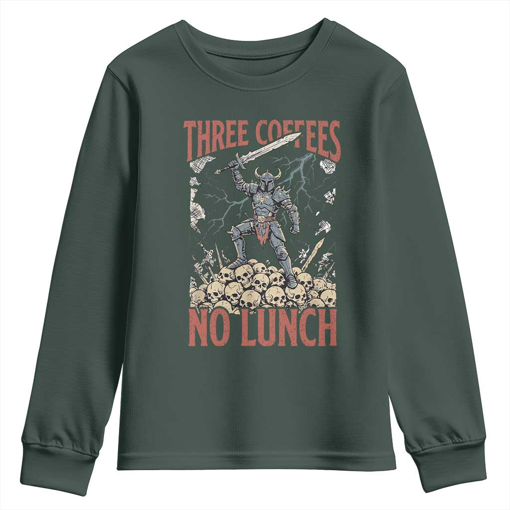Funny Coffee Lover Fantasy Knight Graphic Youth Sweatshirt Three Coffees No Lunch Work Humor Dark Fantasy Parody