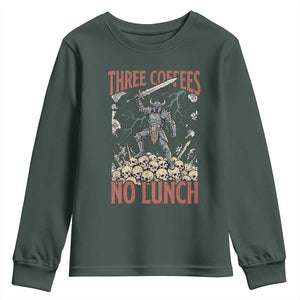 Funny Coffee Lover Fantasy Knight Graphic Youth Sweatshirt Three Coffees No Lunch Work Humor Dark Fantasy Parody
