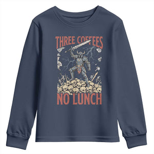 Funny Coffee Lover Fantasy Knight Graphic Youth Sweatshirt Three Coffees No Lunch Work Humor Dark Fantasy Parody
