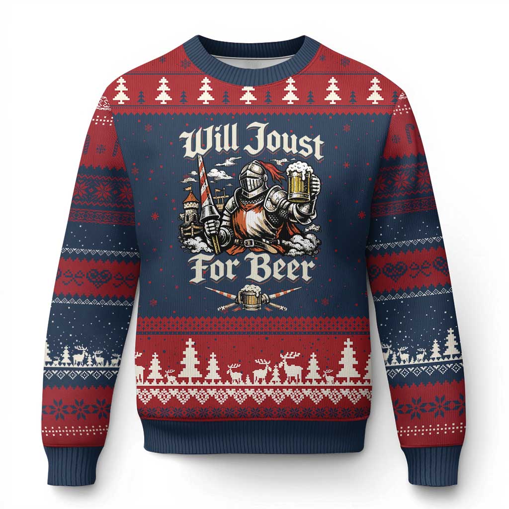 Funny Medieval Knight Drinking Humor Ugly Christmas Sweater Will Joust For Beer Vintage Renaissance Faire TS02 Navy Red Print Your Wear